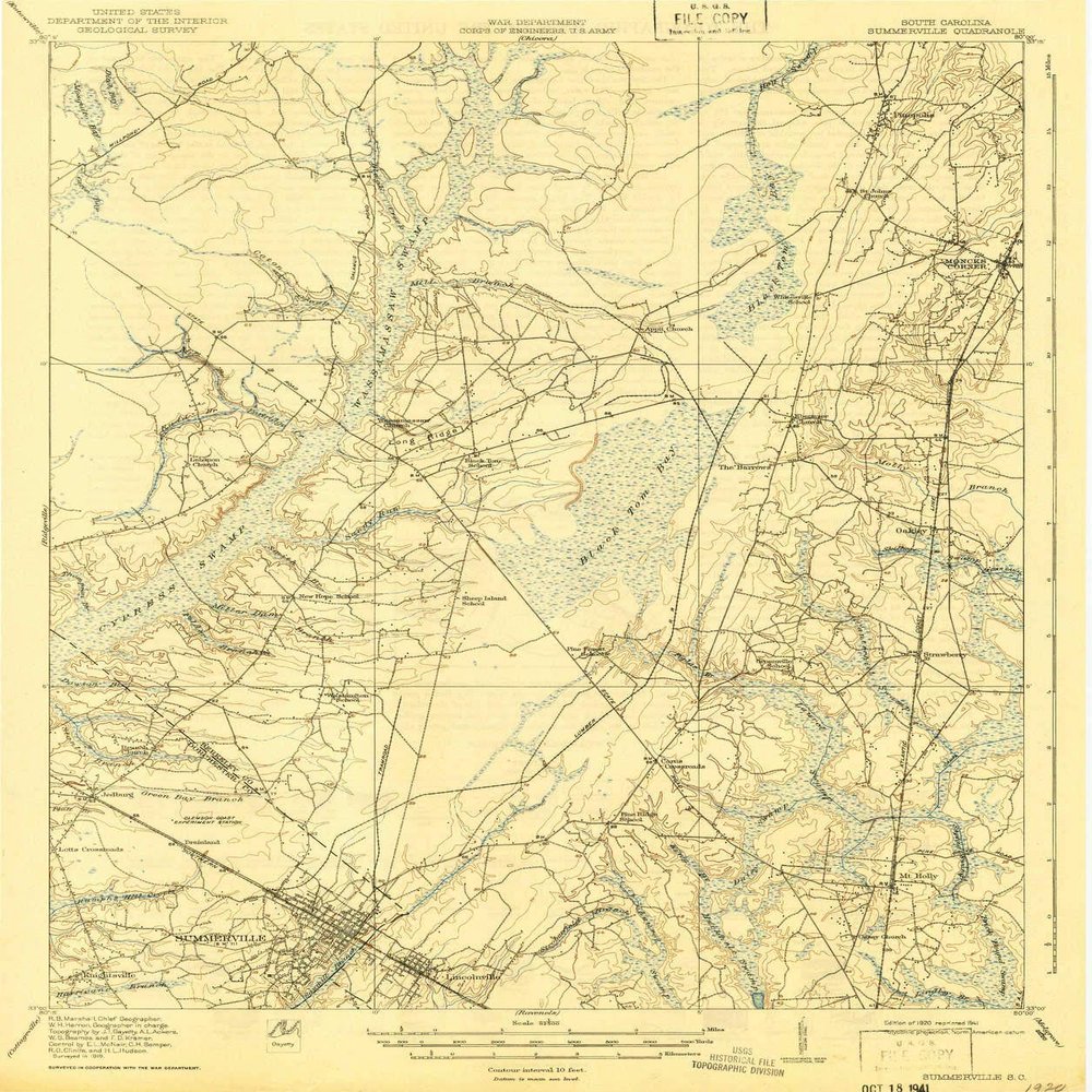 YellowMaps Summerville SC topo map, 1:62500 Scale, 15 X 15 Minute, Historical, 1920, Updated 1941, 19.7 x 16.5 in - Polypropylene