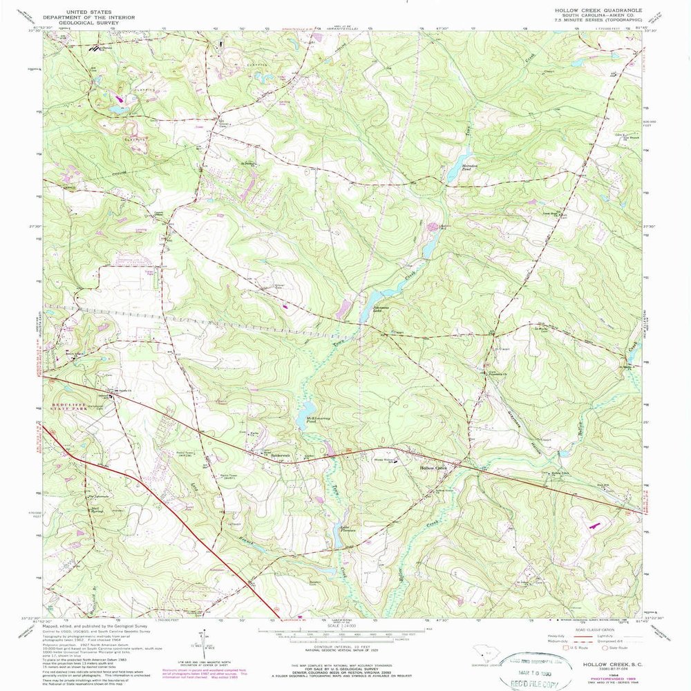 Hollow Creek SC topo map, 1:24000 Scale, 7.5 X 7.5 Minute, Historical, 1964, Updated 1989, 26.8 x 22 in - Polypropylene