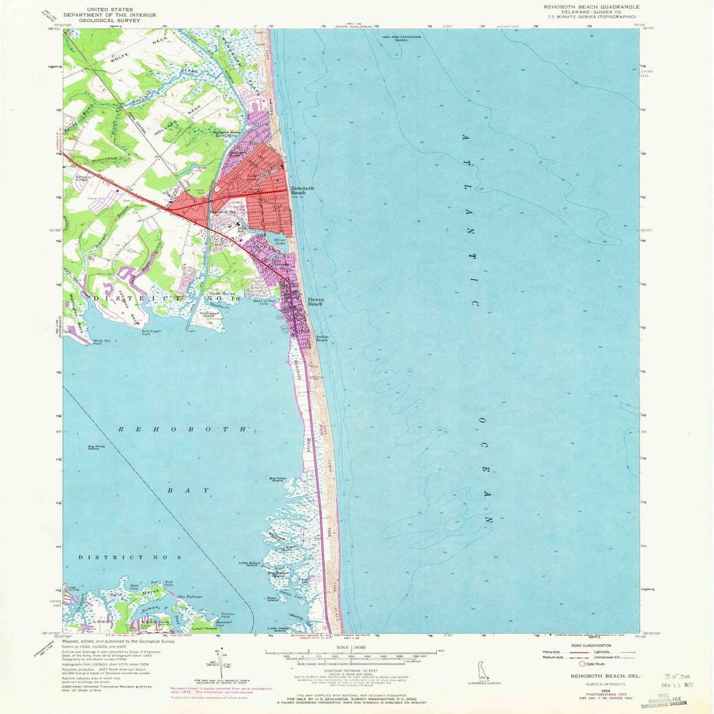 YellowMaps Rehoboth Beach DE topo map, 1:24000 Scale, 7.5 X 7.5 Minute, Historical, 1954, Updated 1972, 26.9 x 22.1 in - Tyvek