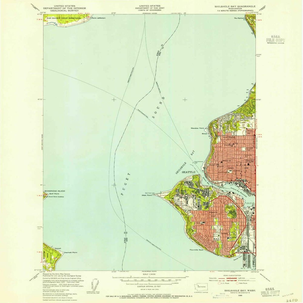 YellowMaps Shilshole Bay WA topo map, 1:24000 Scale, 7.5 X 7.5 Minute, Historical, 1949, Updated 1954, 26.9 x 21.9 in - Polypropylene