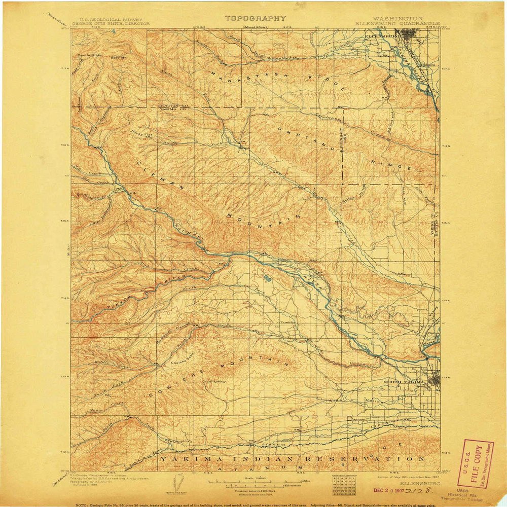 YellowMaps Ellensburg WA topo map, 1:125000 Scale, 30 X 30 Minute, Historical, 1901, Updated 1907, 20 x 16.6 in - Polypropylene