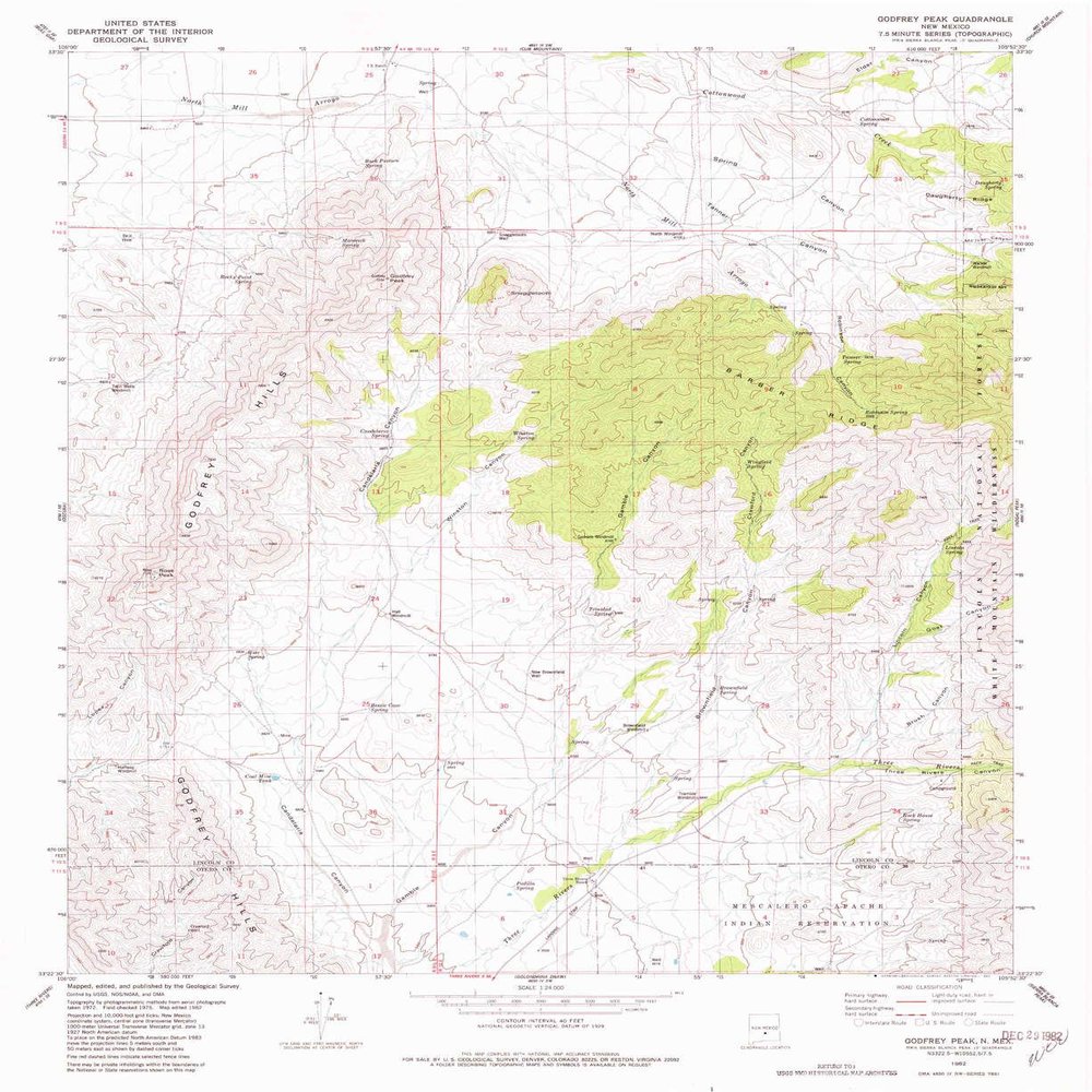 YellowMaps Godfrey Peak NM topo map, 1:24000 Scale, 7.5 X 7.5 Minute, Historical, 1982, Updated 1982, 26.9 x 22 in - Polypropylene