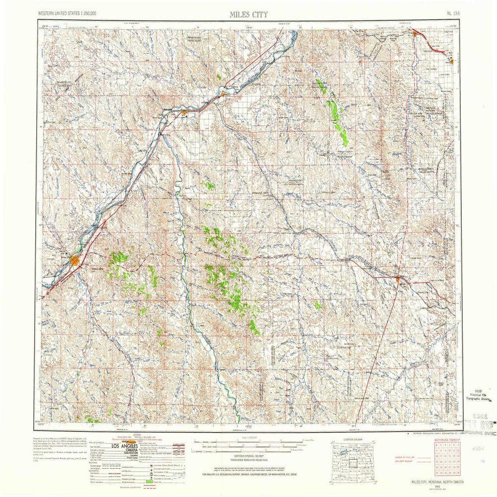 YellowMaps Miles City MT topo map, 1:250000 Scale, 1 X 2 Degree, Historical, 1953, Updated 1966, 22.1 x 29.2 in - Tyvek