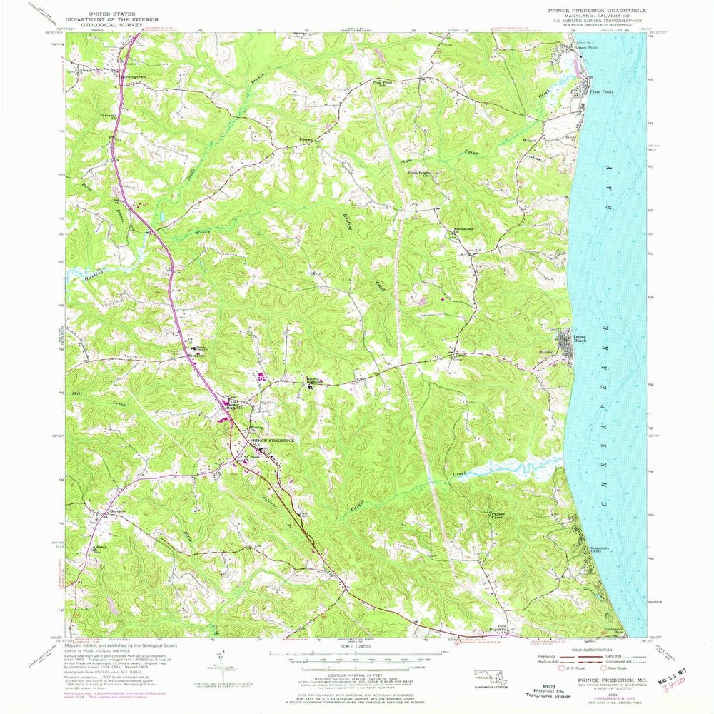 YellowMaps Prince Frederick MD topo map, 1:24000 Scale, 7.5 X 7.5 Minute, Historical, 1953, Updated 1977, 26.9 x 22 in - Polypropylene