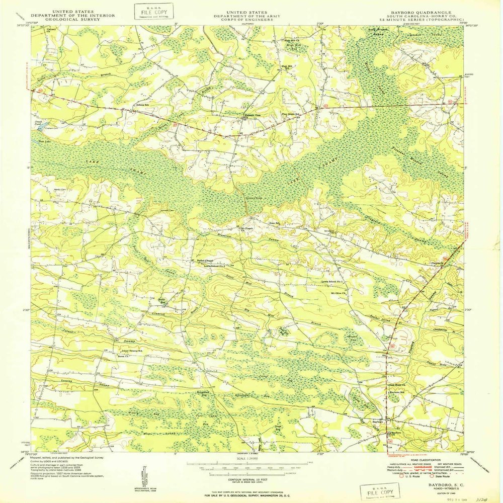 YellowMaps Bayboro SC topo map, 1:24000 Scale, 7.5 X 7.5 Minute, Historical, 1949, 26.8 x 22 in - Tyvek