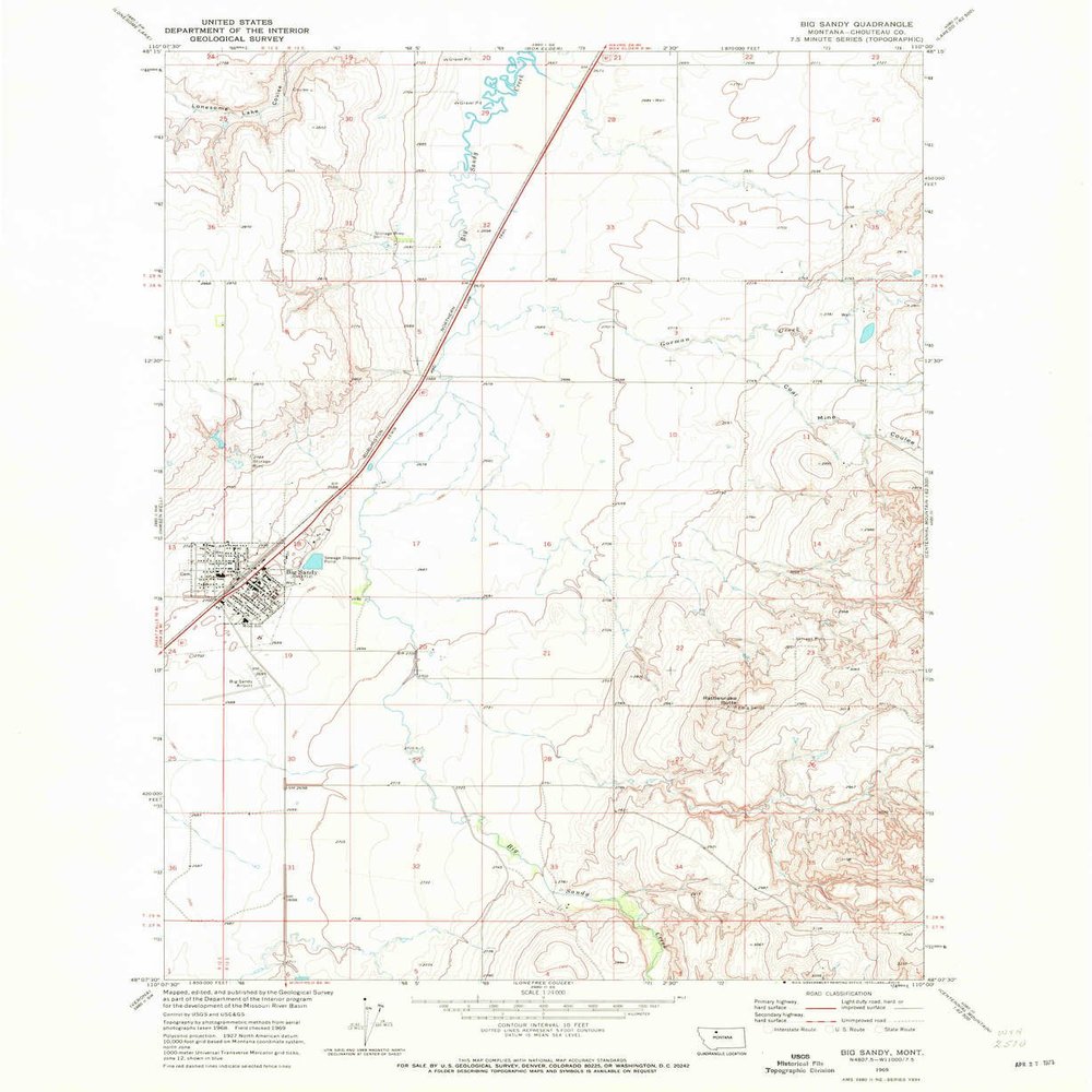 YellowMaps Big Sandy MT topo map, 1:24000 Scale, 7.5 X 7.5 Minute, Historical, 1969, Updated 1972, 26.8 x 21.9 in - Polypropylene