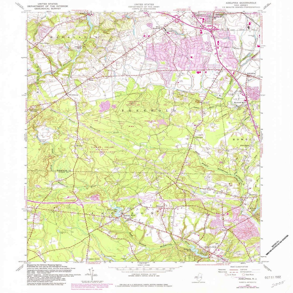 YellowMaps Adelphia NJ topo map, 1:24000 Scale, 7.5 X 7.5 Minute, Historical, 1957, Updated 1982, 26.8 x 22 in - Polypropylene