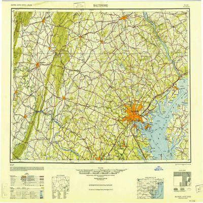YellowMaps Baltimore MD topo map, 1:250000 Scale, 1 X 2 Degree, Historical, 1948, Updated 1950, 24 x 31.5 in - Polypropylene
