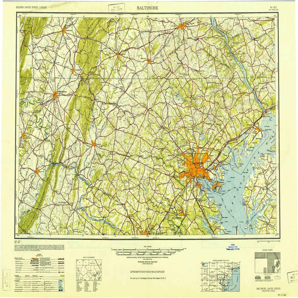 YellowMaps Baltimore MD topo map, 1:250000 Scale, 1 X 2 Degree, Historical, 1948, Updated 1950, 24 x 31.5 in - Polypropylene