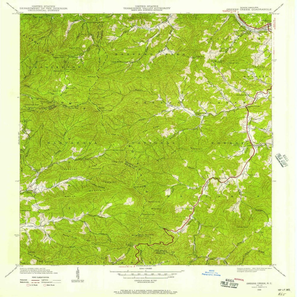 YellowMaps Greens Creek NC topo map, 1:24000 Scale, 7.5 X 7.5 Minute, Historical, 1940, Updated 1957, 26.9 x 22 in - Polypropylene