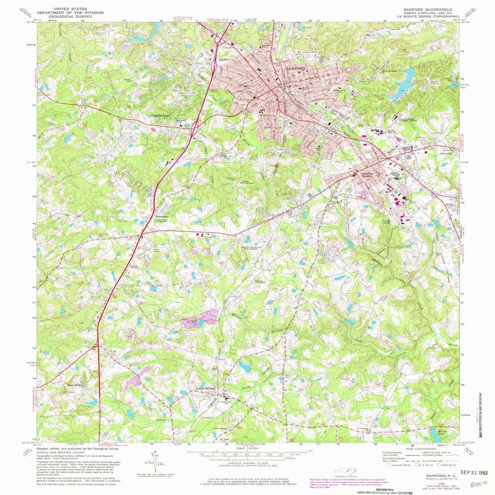 YellowMaps Sanford NC topo map, 1:24000 Scale, 7.5 X 7.5 Minute, Historical, 1974, Updated 1982, 26.7 x 21.7 in - Polypropylene