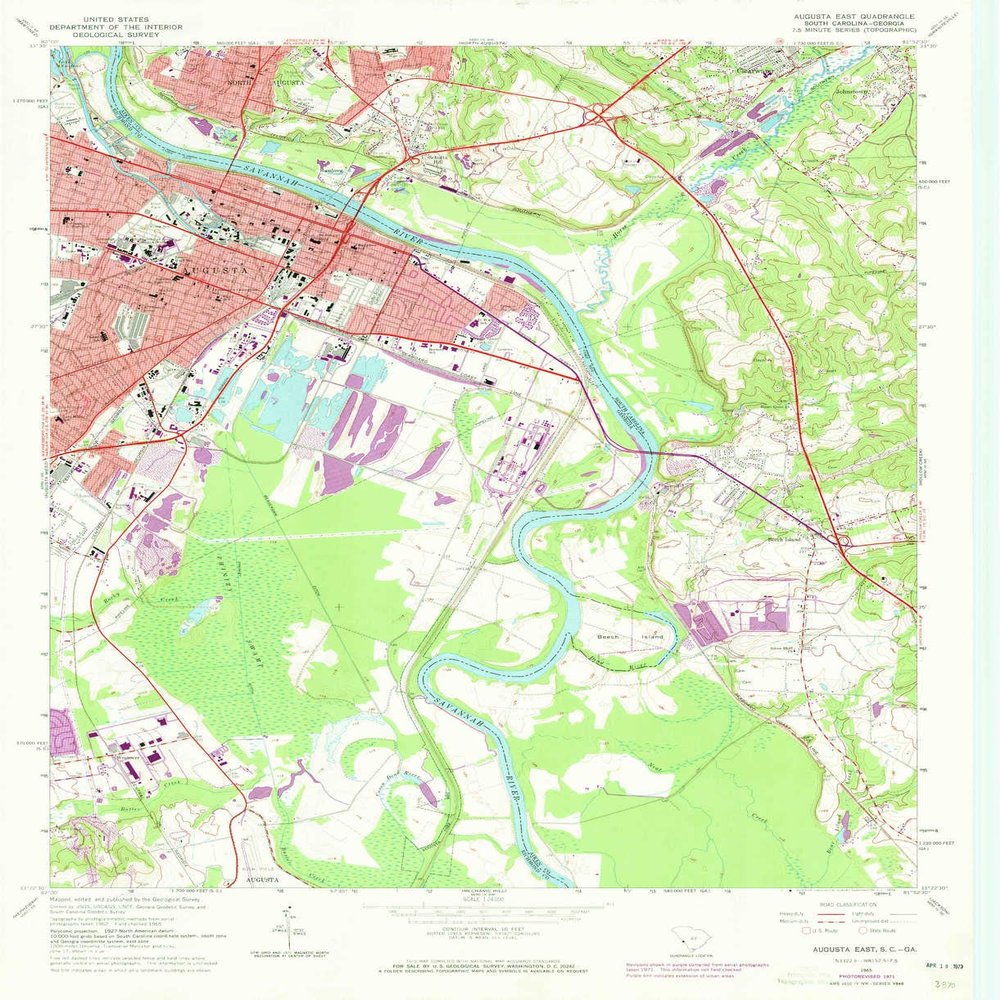 YellowMaps Augusta East GA topo map, 1:24000 Scale, 7.5 X 7.5 Minute, Historical, 1965, Updated 1973, 27 x 22 in - Tyvek