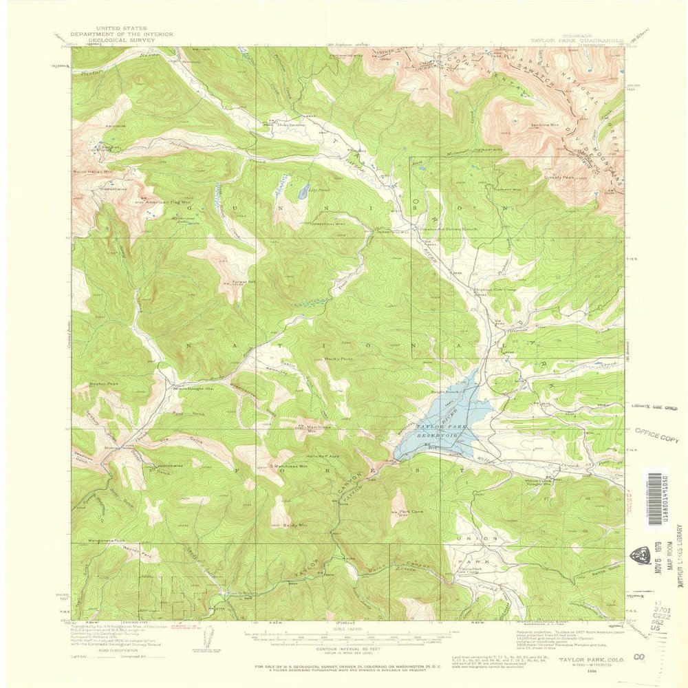 Taylor Park CO topo map, 1:62500 Scale, 15 X 15 Minute, Historical, 1934, Updated 1959, 21 x 17 in - Polypropylene