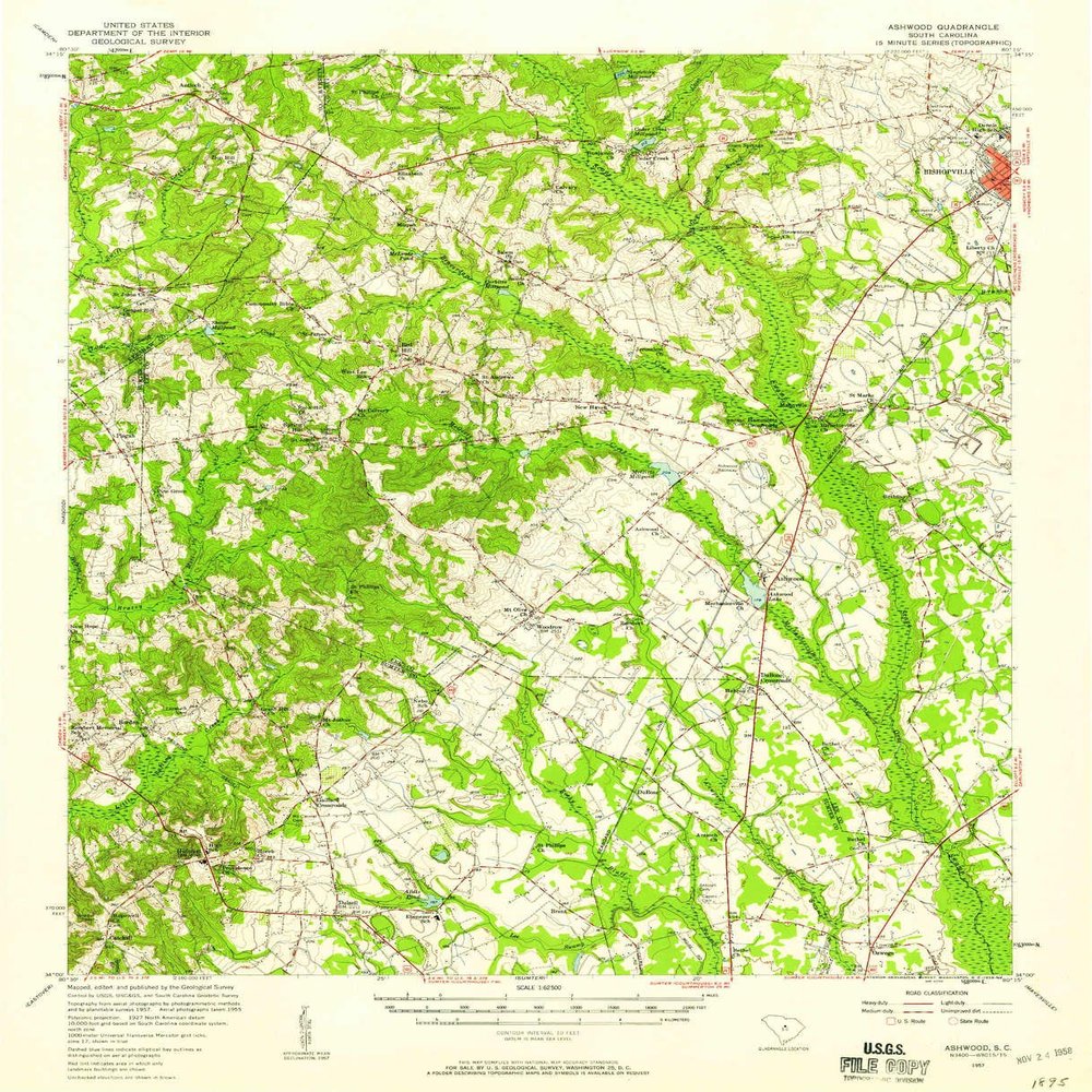 YellowMaps Ashwood SC topo map, 1:62500 Scale, 15 X 15 Minute, Historical, 1957, Updated 1958, 20.7 x 16.8 in - Tyvek