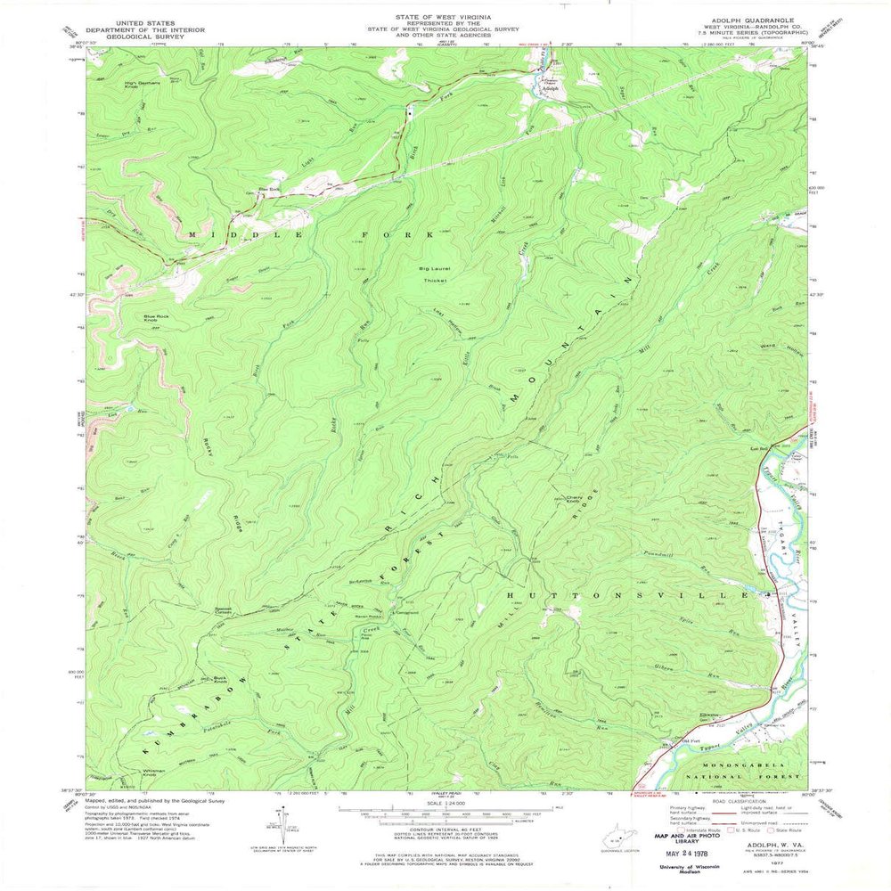 YellowMaps Adolph WV topo map, 1:24000 Scale, 7.5 X 7.5 Minute, Historical, 1977, Updated 1977, 27.1 x 21.9 in - Tyvek