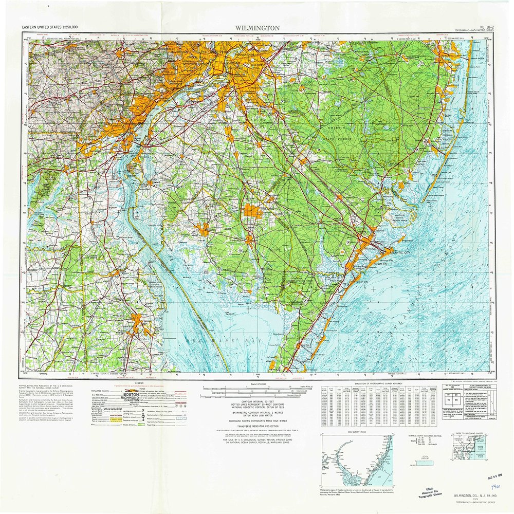 YellowMaps Wilmington DE topo map, 1:250000 Scale, 1 X 2 Degree, Historical, 1972, Updated 1976, 27.1 x 30.2 in - Polypropylene