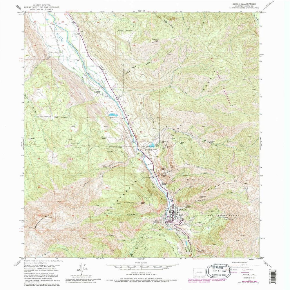 YellowMaps Ouray CO topo map, 1:24000 Scale, 7.5 X 7.5 Minute, Historical, 1955, Updated 1987, 26.9 x 22.2 in - Tyvek