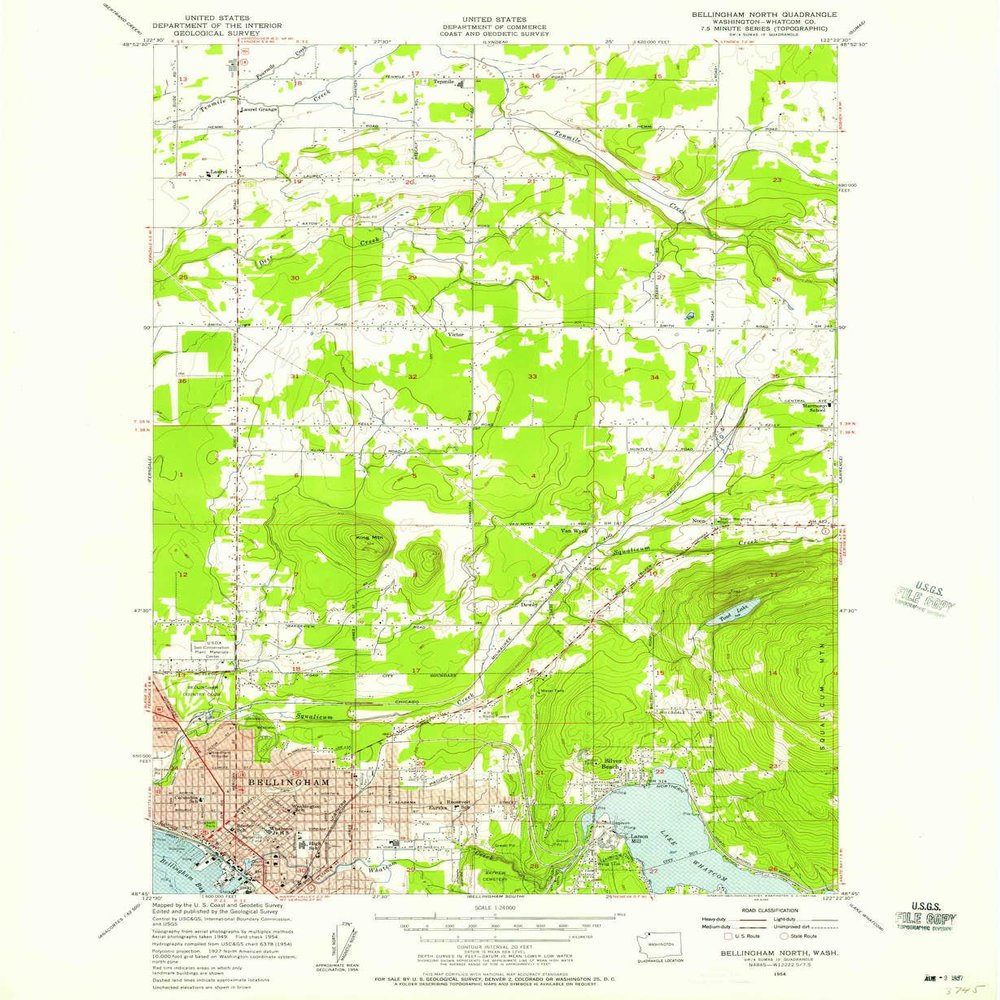 Bellingham North WA topo map, 1:24000 Scale, 7.5 X 7.5 Minute, Historical, 1954, Updated 1957, 26.8 x 22 in - Tyvek