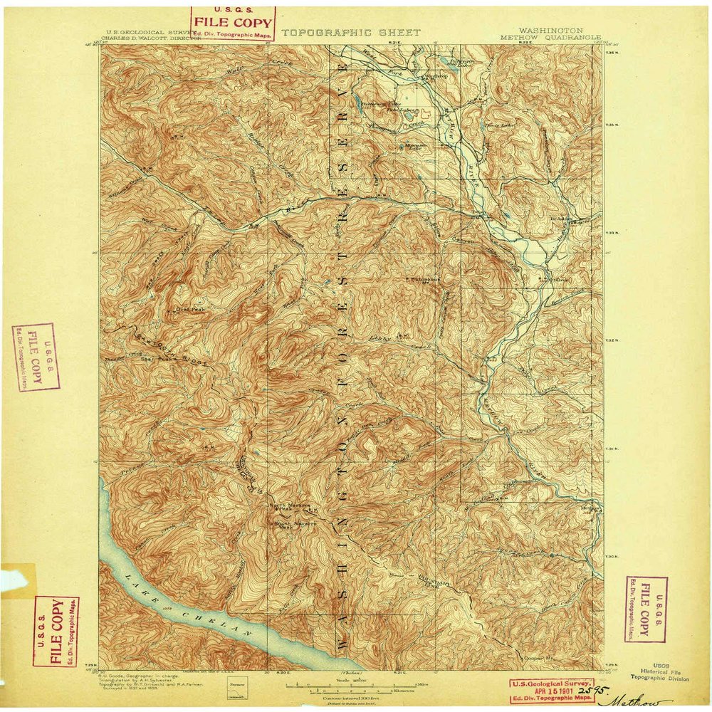 Methow WA topo map, 1:125000 Scale, 30 X 30 Minute, Historical, 1901, 19.9 x 16.6 in - Polypropylene