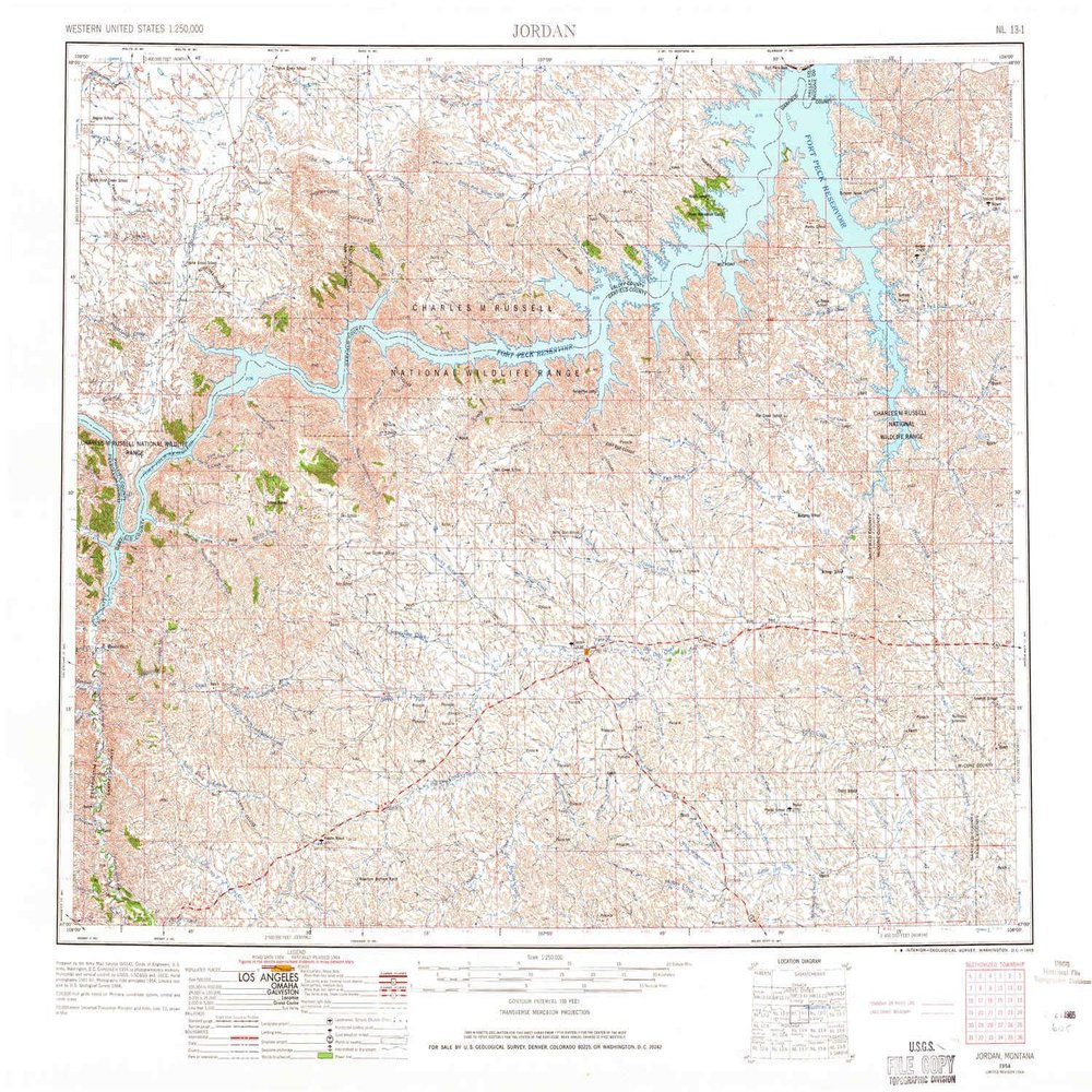 YellowMaps Jordan MT topo map, 1:250000 Scale, 1 X 2 Degree, Historical, 1954, Updated 1965, 22.2 x 27.7 in - Tyvek