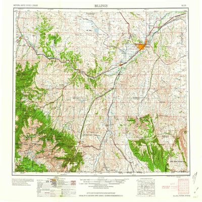YellowMaps Billings MT topo map, 1:250000 Scale, 1 X 2 Degree, Historical, 1958, 22.1 x 29.1 in - Tyvek