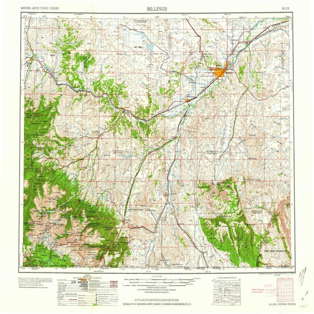 YellowMaps Billings MT topo map, 1:250000 Scale, 1 X 2 Degree, Historical, 1958, 22.1 x 29.1 in - Tyvek