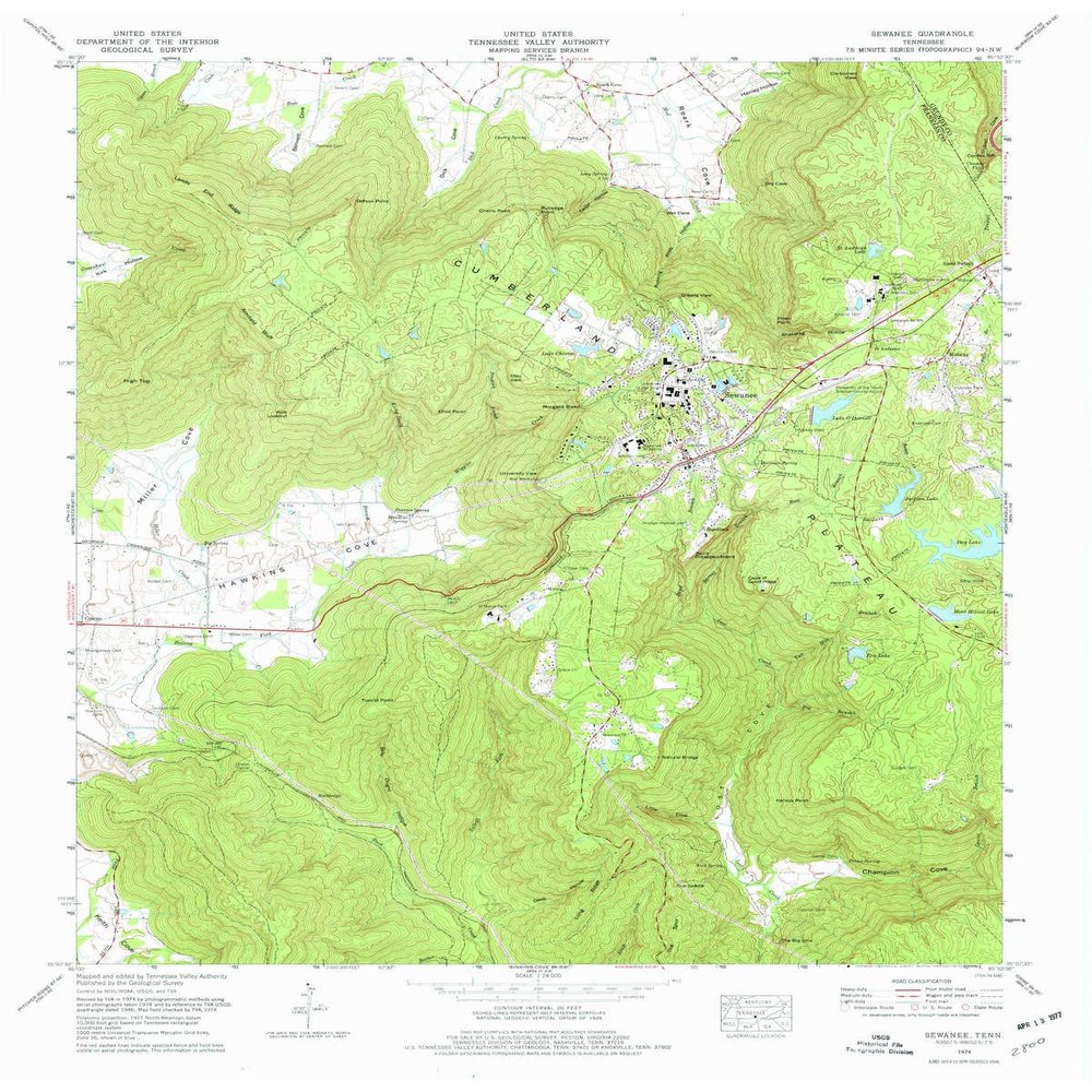 YellowMaps Sewanee TN topo map, 1:24000 Scale, 7.5 X 7.5 Minute, Historical, 1974, Updated 1977, 27.5 x 22 in - Polypropylene