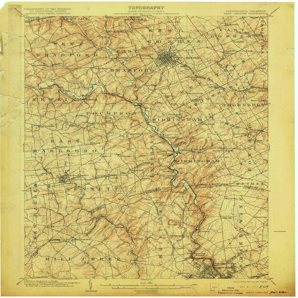 YellowMaps West Chester PA topo map, 1:62500 Scale, 15 X 15 Minute, Historical, 1904, Updated 1915, 19.8 x 16.5 in - Polypropylene