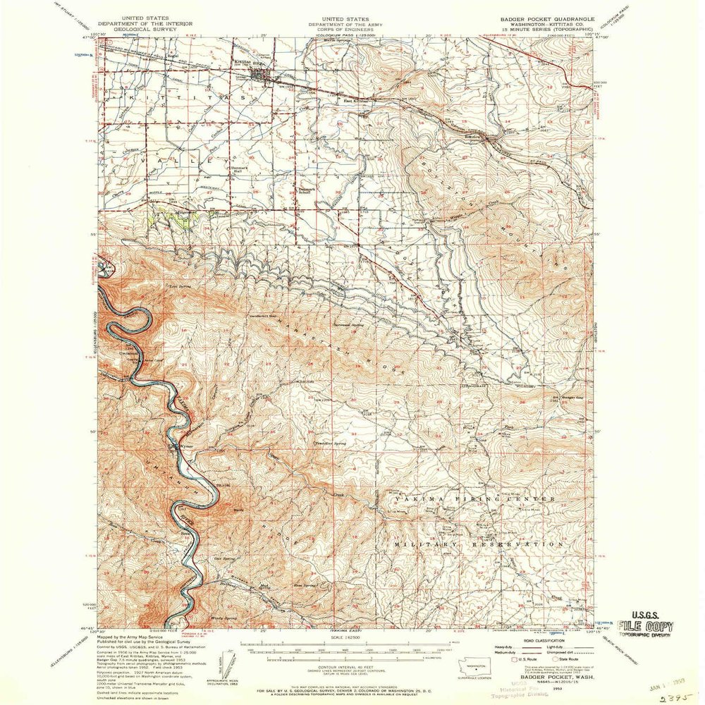 YellowMaps Badger Pocket WA topo map, 1:62500 Scale, 15 X 15 Minute, Historical, 1953, Updated 1958, 20.9 x 17.1 in - Tyvek