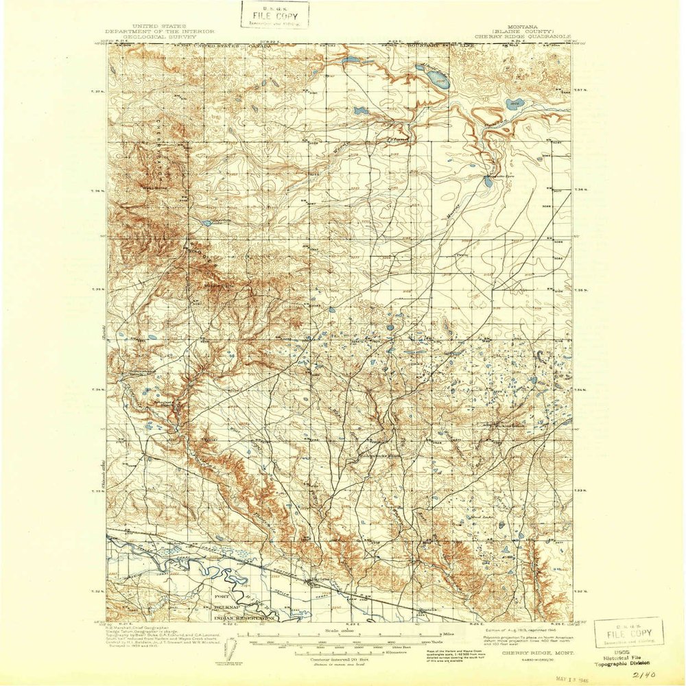 YellowMaps Cherry Ridge MT topo map, 1:125000 Scale, 30 X 30 Minute, Historical, 1913, Updated 1946, 20.8 x 17.1 in - Polypropylene