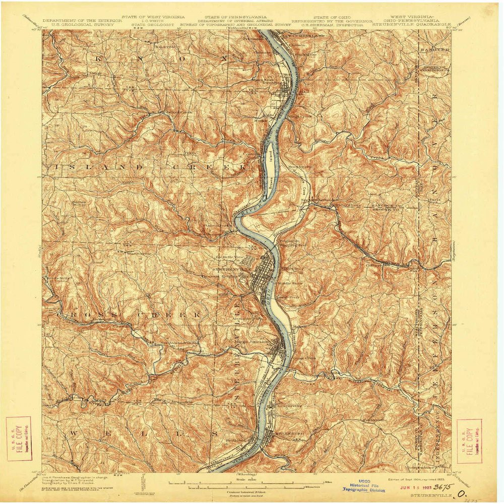 YellowMaps Steubenville WV topo map, 1:62500 Scale, 15 X 15 Minute, Historical, 1904, Updated 1923, 19.9 x 16.5 in - Polypropylene