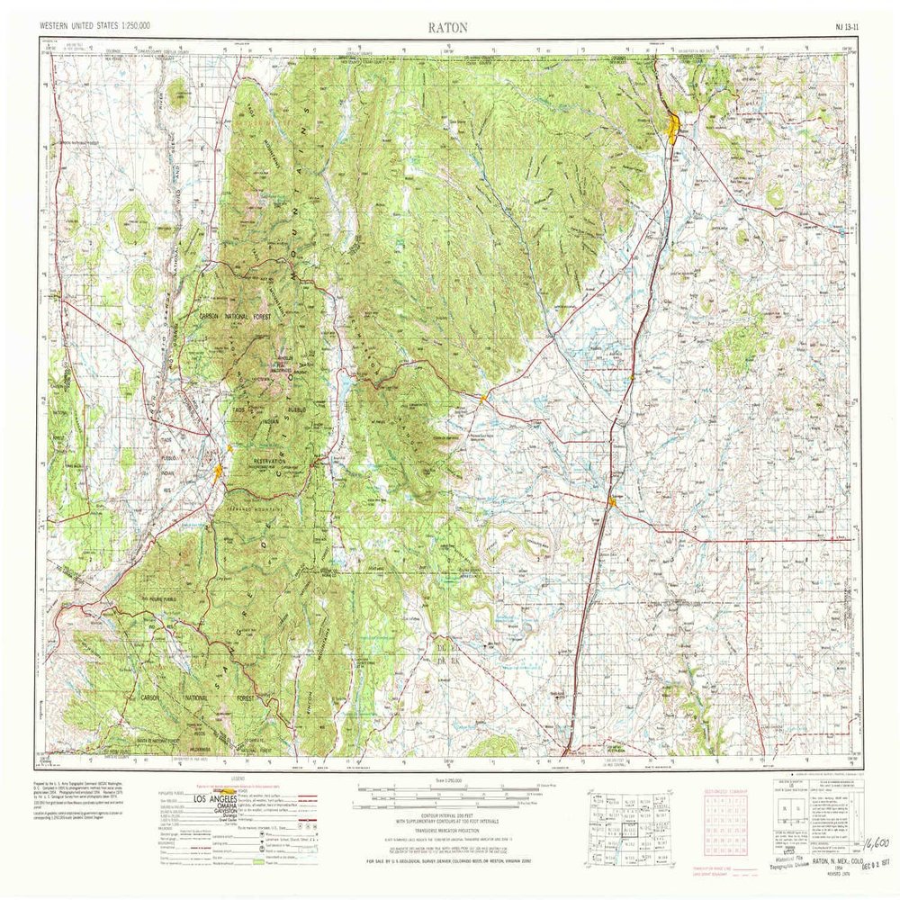 YellowMaps Raton NM topo map, 1:250000 Scale, 1 X 2 Degree, Historical, 1954, Updated 1977, 22.4 x 31.7 in - Tyvek
