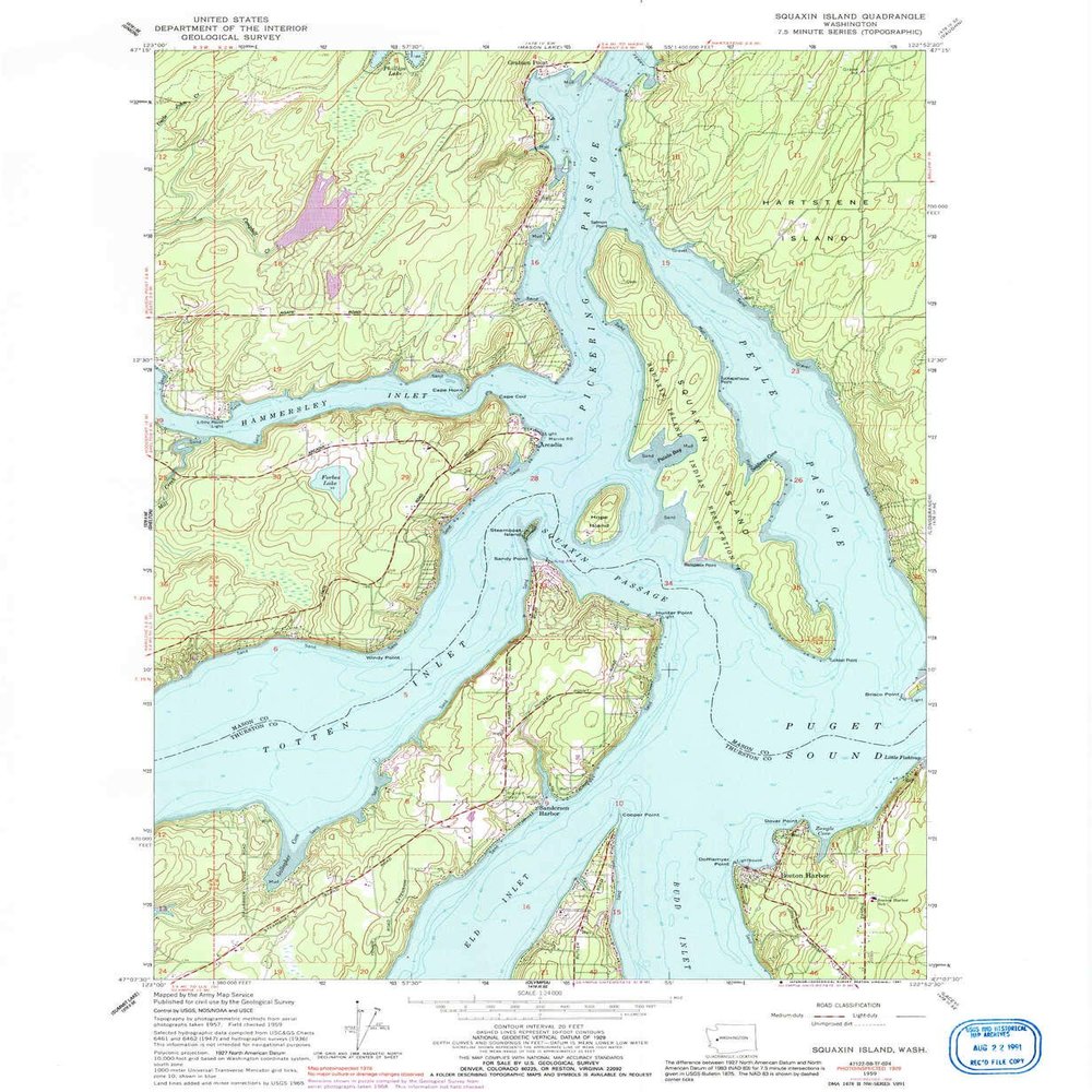 YellowMaps Squaxin Island WA topo map, 1:24000 Scale, 7.5 X 7.5 Minute, Historical, 1959, Updated 1991, 26.8 x 22 in - Polypropylene