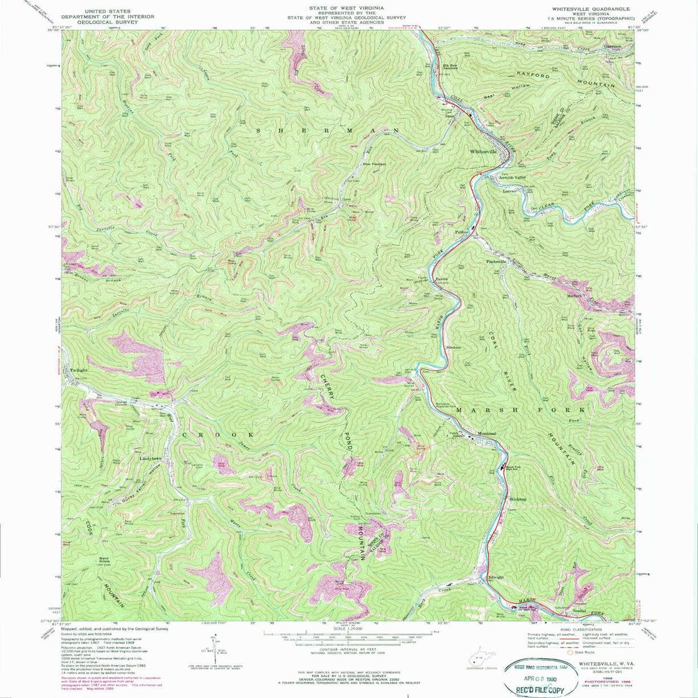 YellowMaps Whitesville WV topo map, 1:24000 Scale, 7.5 X 7.5 Minute, Historical, 1968, Updated 1989, 26.9 x 22 in - Tyvek