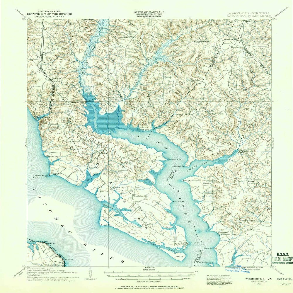 YellowMaps Wicomico MD topo map, 1:62500 Scale, 15 X 15 Minute, Historical, 1911, Updated 1961, 20.7 x 16.5 in - Polypropylene