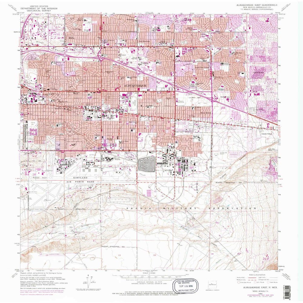 YellowMaps Albuquerque East NM topo map, 1:24000 Scale, 7.5 X 7.5 Minute, Historical, 1960, Updated 1975, 27 x 22 in - Tyvek