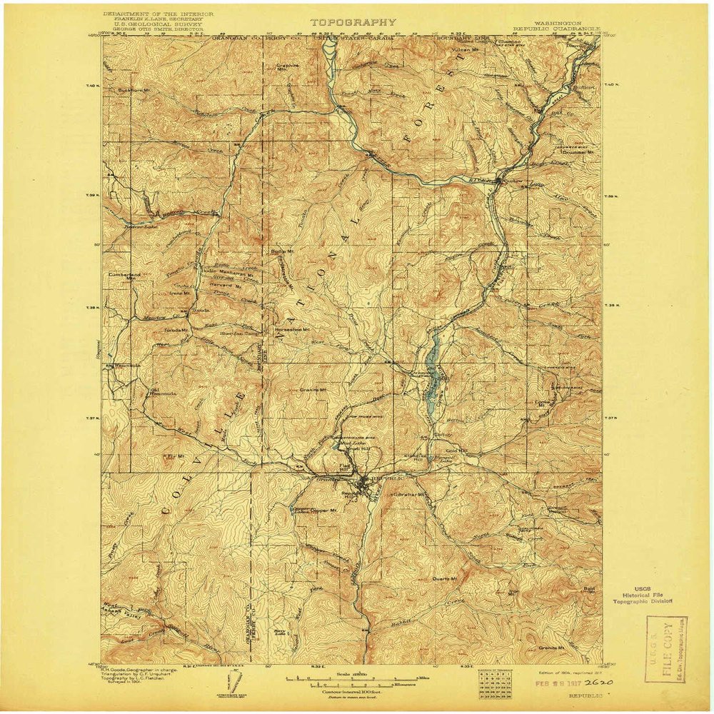 YellowMaps Republic WA topo map, 1:125000 Scale, 30 X 30 Minute, Historical, 1904, Updated 1917, 19.9 x 16.6 in - Tyvek