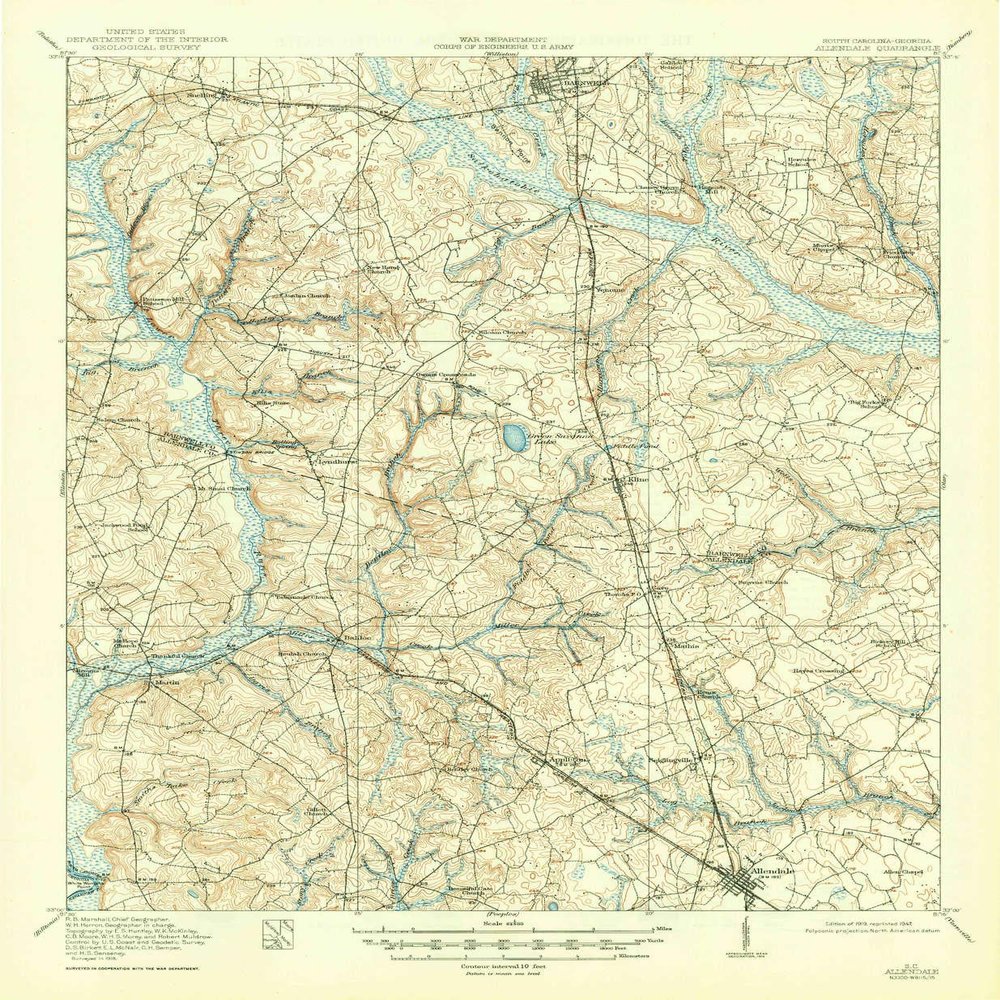 YellowMaps Allendale SC topo map, 1:62500 Scale, 15 X 15 Minute, Historical, 1919, Updated 1947, 20.5 x 16.9 in - Polypropylene