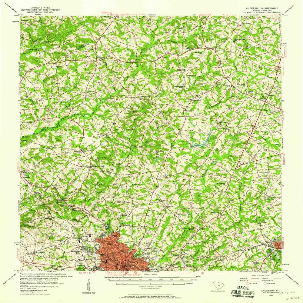 YellowMaps Anderson SC topo map, 1:62500 Scale, 15 X 15 Minute, Historical, 1957, Updated 1958, 20.8 x 16.8 in - Polypropylene
