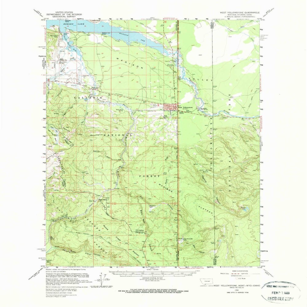 West Yellowstone MT topo map, 1:62500 Scale, 15 X 15 Minute, Historical, 1958, Updated 1966, 21.8 x 18 in - Polypropylene