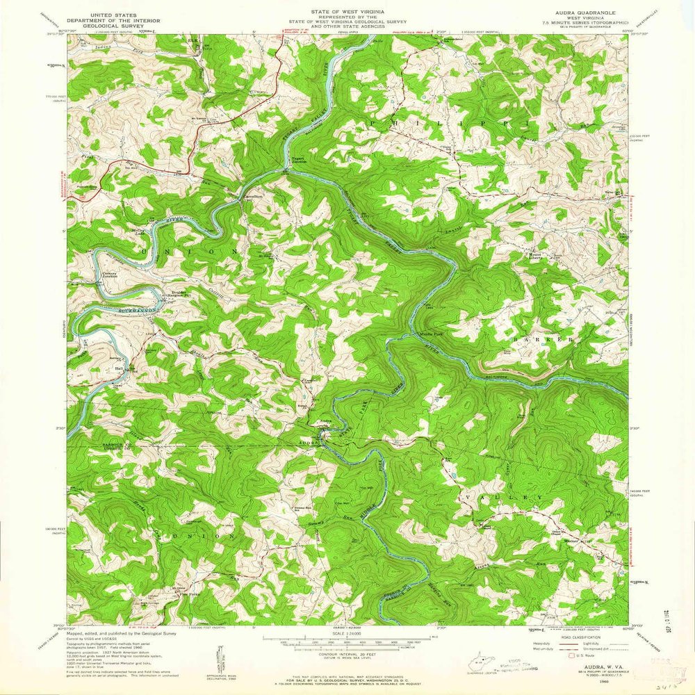 YellowMaps Audra WV topo map, 1:24000 Scale, 7.5 X 7.5 Minute, Historical, 1960, Updated 1962, 26.8 x 22 in - Polypropylene