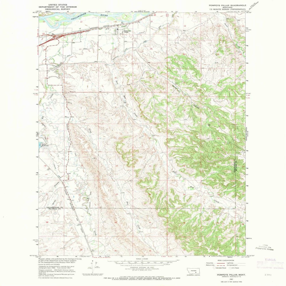 YellowMaps Pompeys Pillar MT topo map, 1:24000 Scale, 7.5 X 7.5 Minute, Historical, 1967, Updated 1971, 26.8 x 22 in - Tyvek