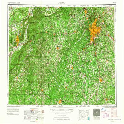 YellowMaps Atlanta GA topo map, 1:250000 Scale, 1 X 2 Degree, Historical, 1953, Updated 1965, 22.1 x 34.3 in - Polypropylene