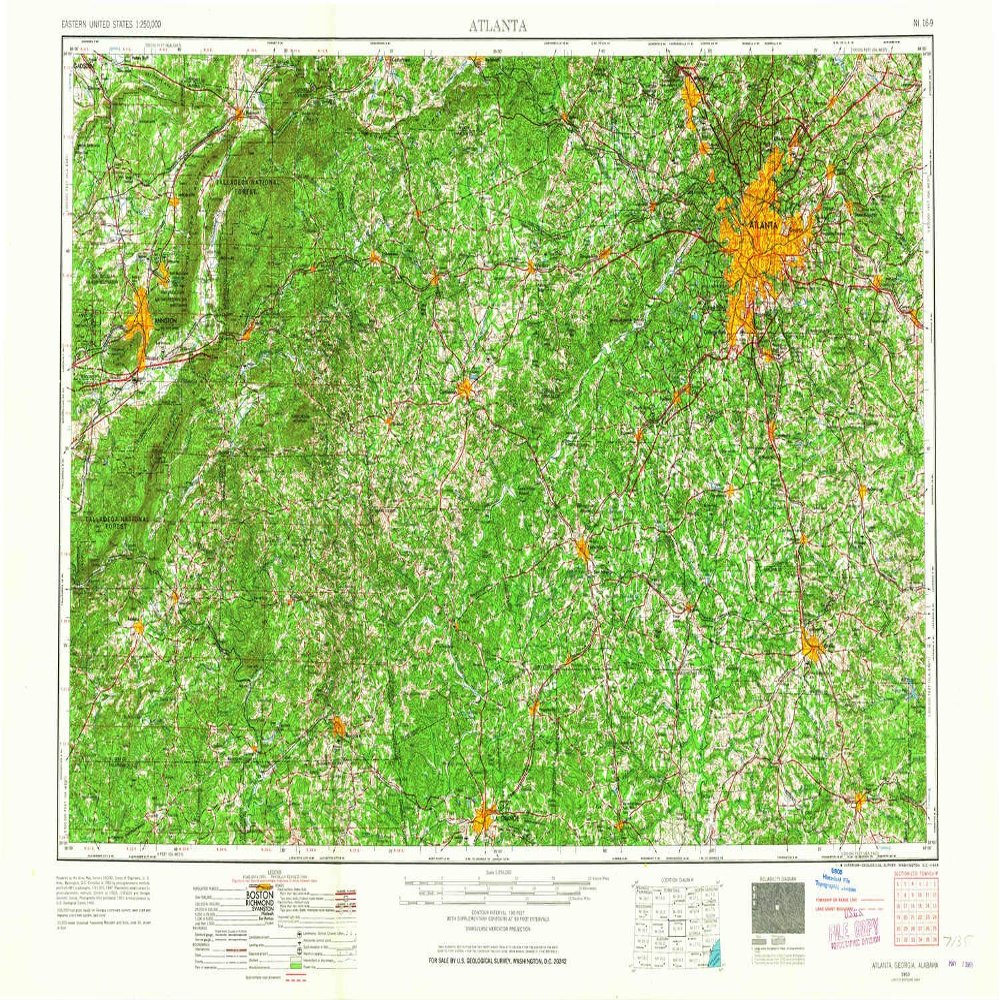 YellowMaps Atlanta GA topo map, 1:250000 Scale, 1 X 2 Degree, Historical, 1953, Updated 1965, 22.1 x 34.3 in - Polypropylene