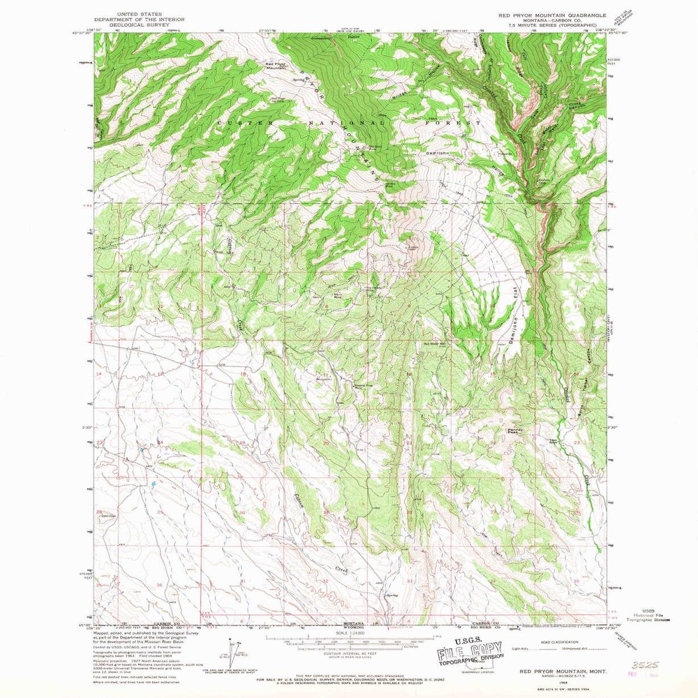 YellowMaps Red Pryor Mountain MT topo map, 1:24000 Scale, 7.5 X 7.5 Minute, Historical, 1964, Updated 1967, 26.9 x 22 in - Polypropylene