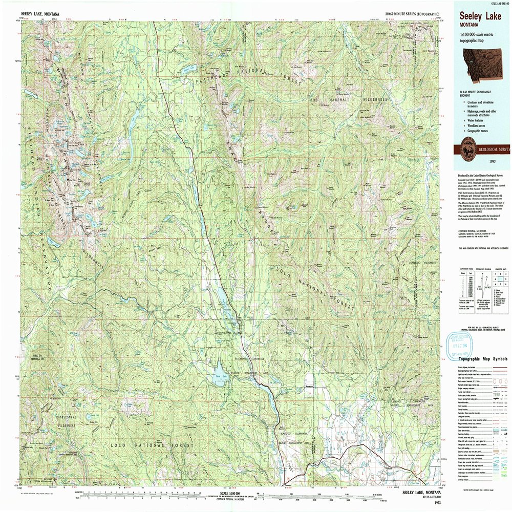 Seeley Lake MT topo map, 1:100000 Scale, 30 X 60 Minute, Historical, 1993, Updated 1993, 24.1 x 36.4 in - Polypropylene