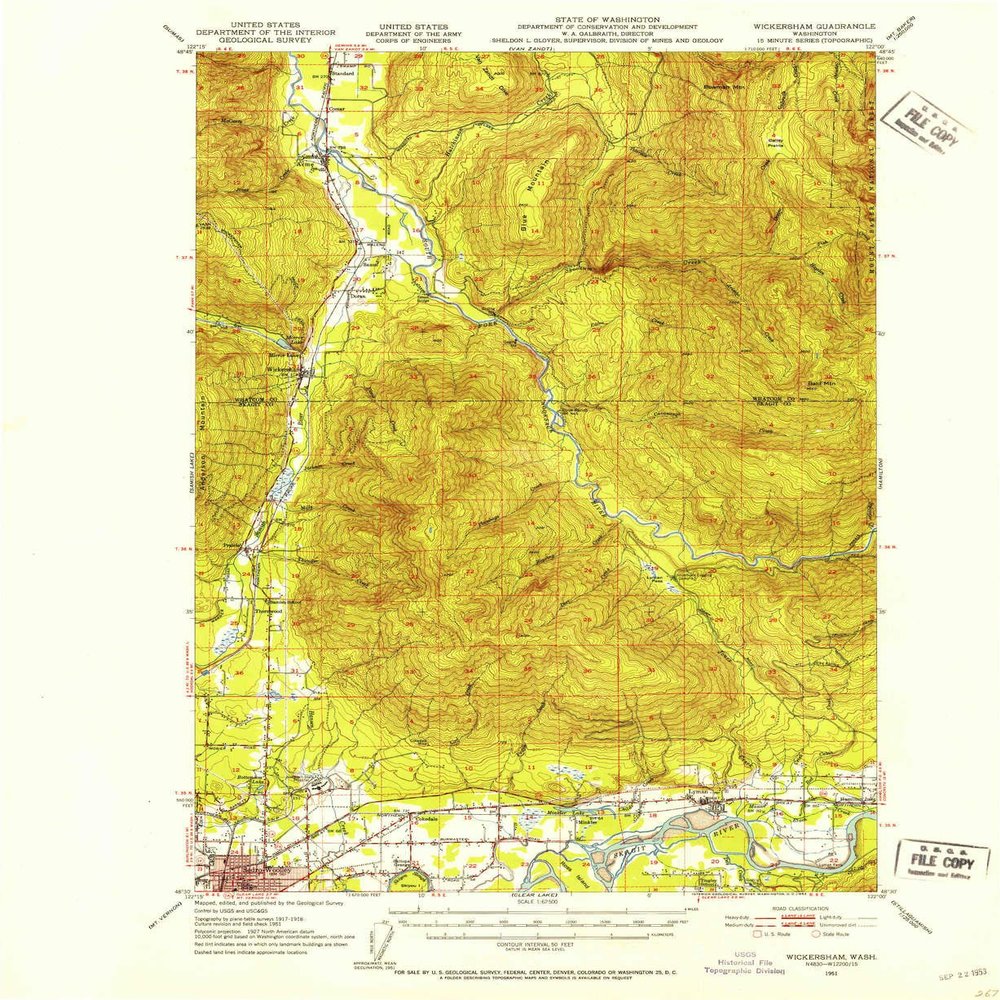 YellowMaps Wickersham WA topo map, 1:62500 Scale, 15 X 15 Minute, Historical, 1951, Updated 1953, 20.9 x 17.1 in - Tyvek