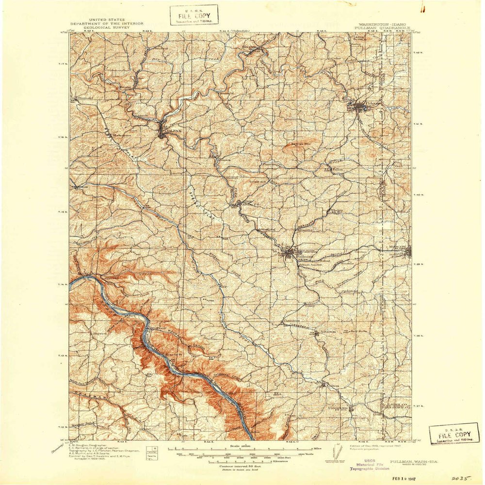 YellowMaps Pullman WA topo map, 1:125000 Scale, 30 X 30 Minute, Historical, 1910, Updated 1947, 20.8 x 17.1 in - Polypropylene