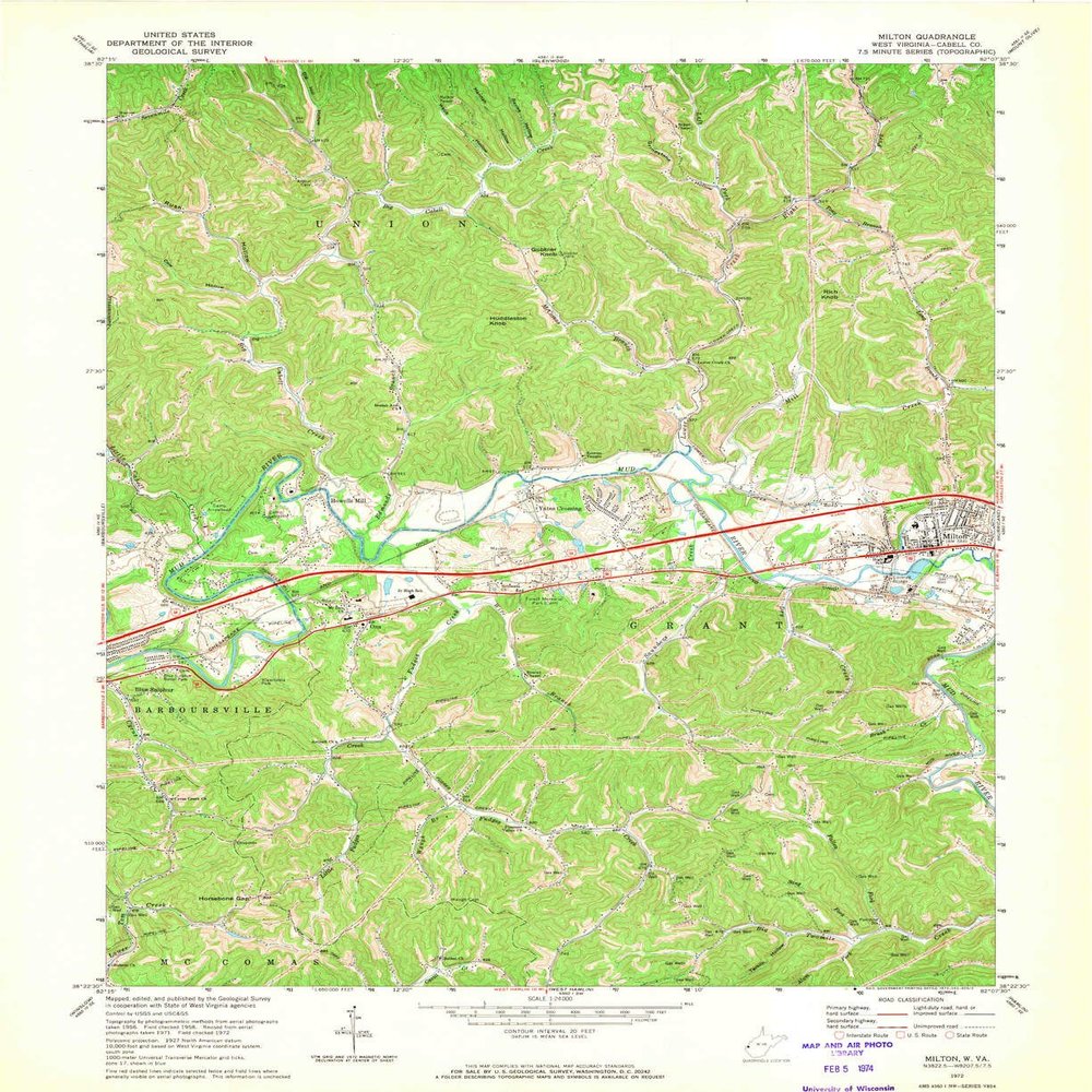 YellowMaps Milton WV topo map, 1:24000 Scale, 7.5 X 7.5 Minute, Historical, 1972, Updated 1973, 26.9 x 22 in - Tyvek