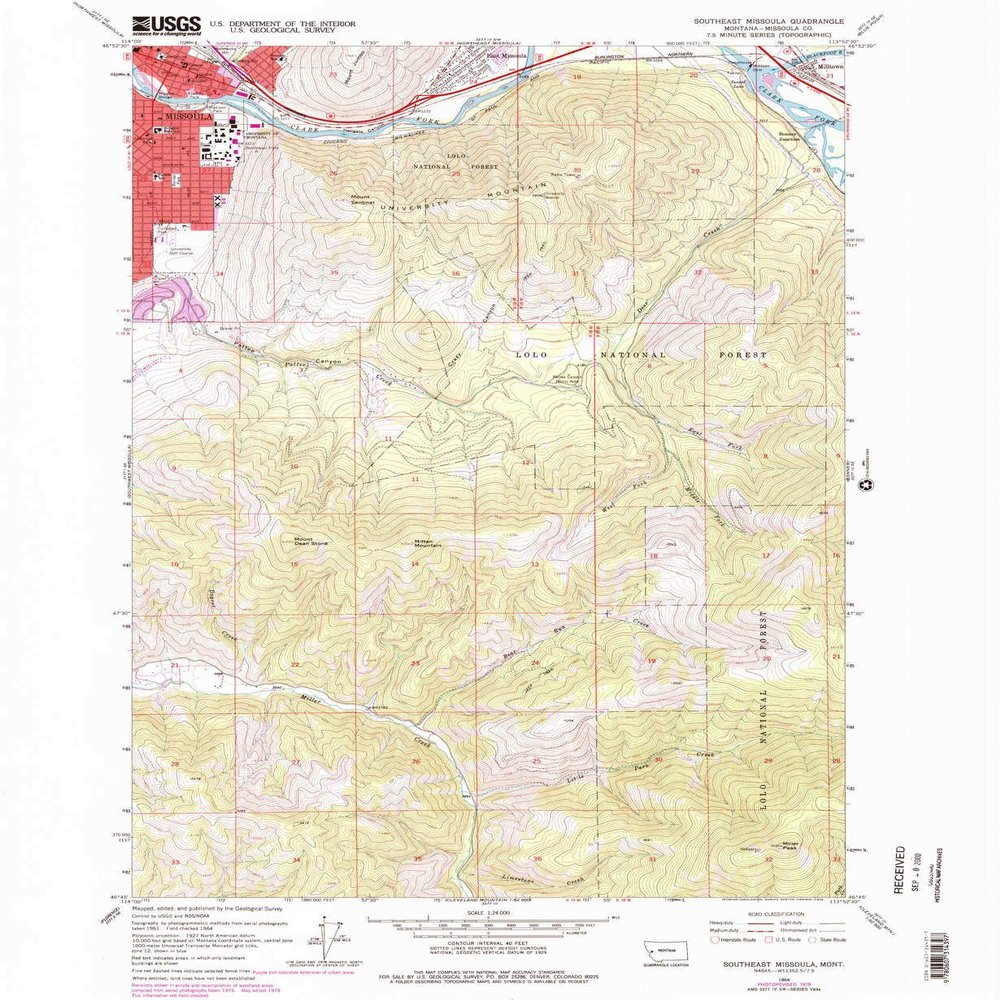 YellowMaps Southeast Missoula MT topo map, 1:24000 Scale, 7.5 X 7.5 Minute, Historical, 1964, Updated 1978, 26.8 x 22 in - Polypropylene